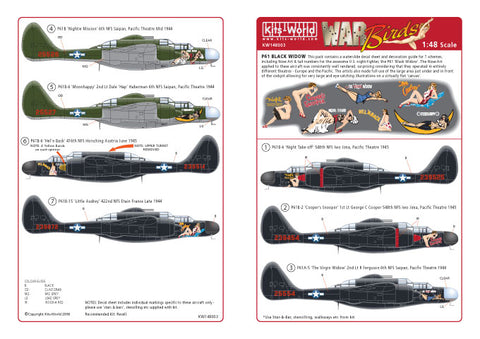 Kits-world 1/48 Scale P61 Black Widow Night Fighter Decal Sheet - KW148003