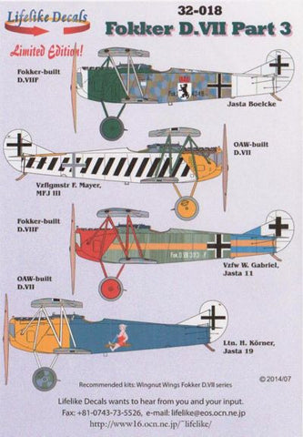 Lifelike 1/32 decal for Fokker D.VII Pt 3 for Wingnut Wings D.VII Series #32-018