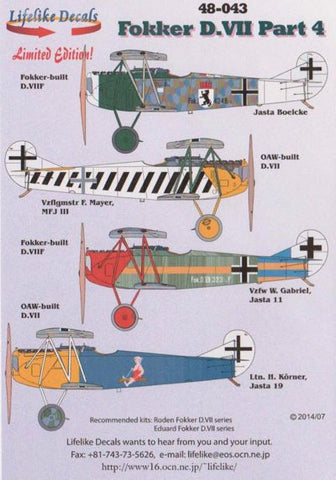Lifelike 1/48 decal Fokker D.VII Pt 4 for Roden & Eduard kits - 48-043