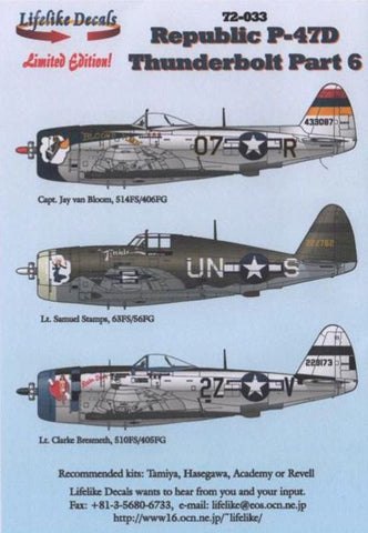 Lifelike 1/72 decal Republic P-47D Thunderbolt Pt 6 - 72-033