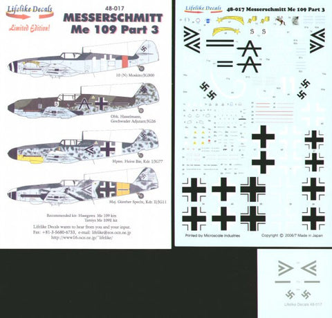 Lifelike 1/48 decal for Messerschmitt Me109 Pt 3 for Hasegawa & Tamiya 48-017