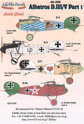Albatros D.V Part 1 Ace Custom WW1 Decals - 1:144 Scale, Wings Of Glory