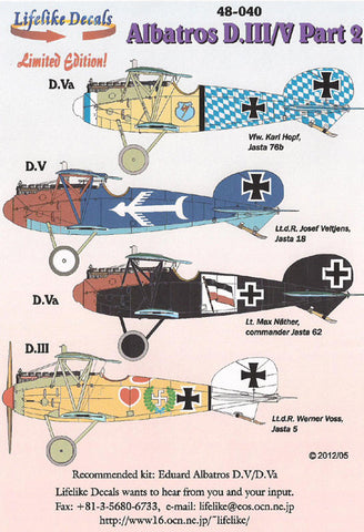 Lifelike 1/48 decal for Albatros D.III/V Pt 2 for Eduard - 48-040