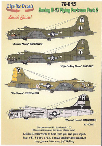 Lifelike 1/72 decal Boeing B-17 Flying Fortress Pt 2 8th AF for Academy - 72-015