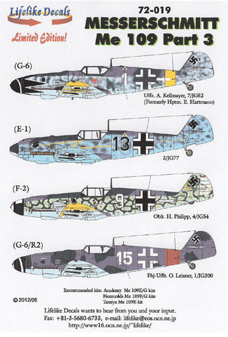 Lifelike 1/72 decal Messerschmitt Me 109 Pt 3 Academy FineMolds Tamiya