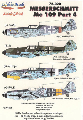 Lifelike 1/72 decal Messerschmitt 109 Pt 4 Academy Revell FineMolds