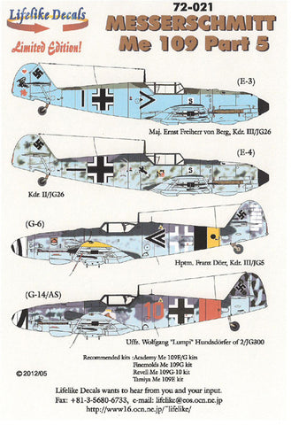 Lifelike 1/72 decal Messerschmitt Me 109 Pt 5 Academy FineMolds Revell Tamiya