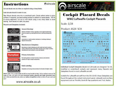 Airscale 1/24 Luftwaffe Cockpit Placards decals AS24SCH