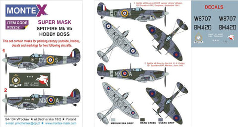 Montex 1/32 masks, decals & markings Spitfire Mk Vb for Hobby Boss - k32252